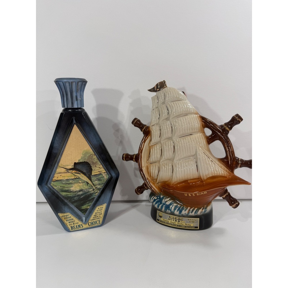 Vintage Jim Beam Decanter Set USS Beam Ship Wheel & James Lockhart Sailfish Art